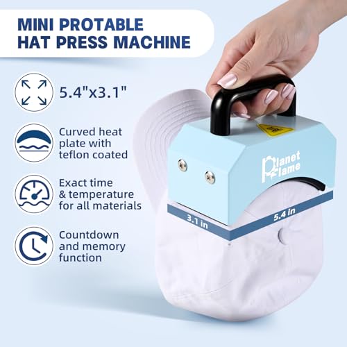PlanetFlame Hat Press, Mini Hat Press Heat Machine for Caps Hats with 5.4" * 3.1" Curved Teflon Coated Heat Plate & Safety Base for Heat Transfer Vinyl, Sublimation and DIY Projects, Blue PlanetFlame