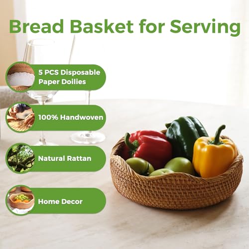 Wicker Bread Baskets for Serving, Handwoven Rattan Fruit Basket Wicker Basket, Fruit Bowl Wicker Baskets for Gifts, Woven Basket for Organizing Bread Fruit, Decorative Bowl for Kitchen Dinging Room M S310