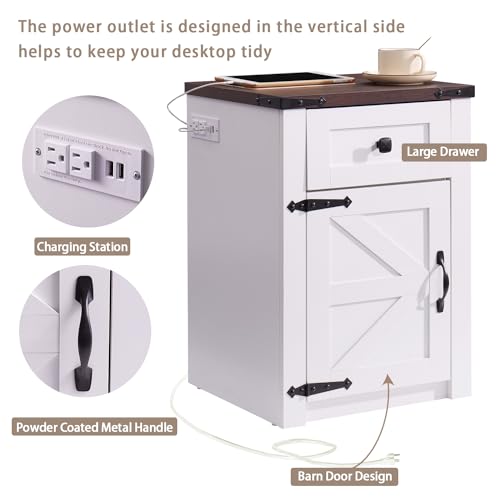 SOOWERY Nightstands Set of 2, Nightstand with Charging Station, Farmhouse End Table with Barn Door and Drawer, Rustic Wood Sofa Side Table for Bedroom, Living Room, White SOOWERY