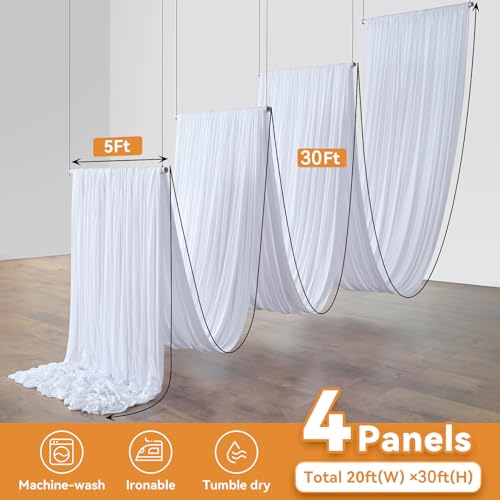 Htper 4 Panels 5x30ft White Ceiling Drapes for Wedding, Wrinkle Free Thick Polyester 30ft Long Canopy Tent Ceiling Curtains Draping Arch Drapery for Birthday Party Event Venue Decoration Htper