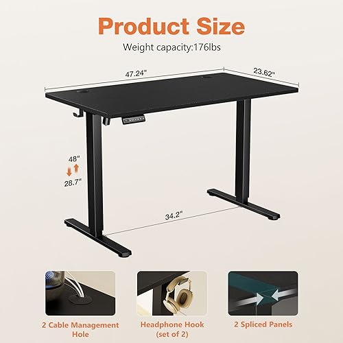 Sweetcrispy Electric Standing Desk Adjustable Height, 48x24 Inch Sit Stand Up Home Office Desks Computer Workstation PC Work Table with 3 Memory Preset Splice Wood Board Metal Frame, Black Sweetcrispy