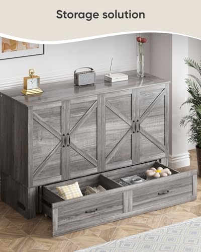 ADOWORE Queen Size Murphy Bed with Large Storage Drawer & Charging Station, Hideaway Full Foldable Platform Bed for Home Office or Guest Bedroom, Living Room,Grey ADOWORE
