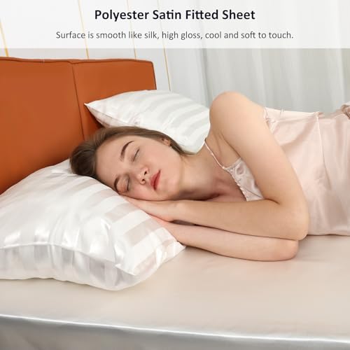 Lirex Satin Fitted Sheet Twin XL Size,Luxury & Ultra Soft Deep Pocket Single Bottom Bed Sheets Sold Separately, White Lirex