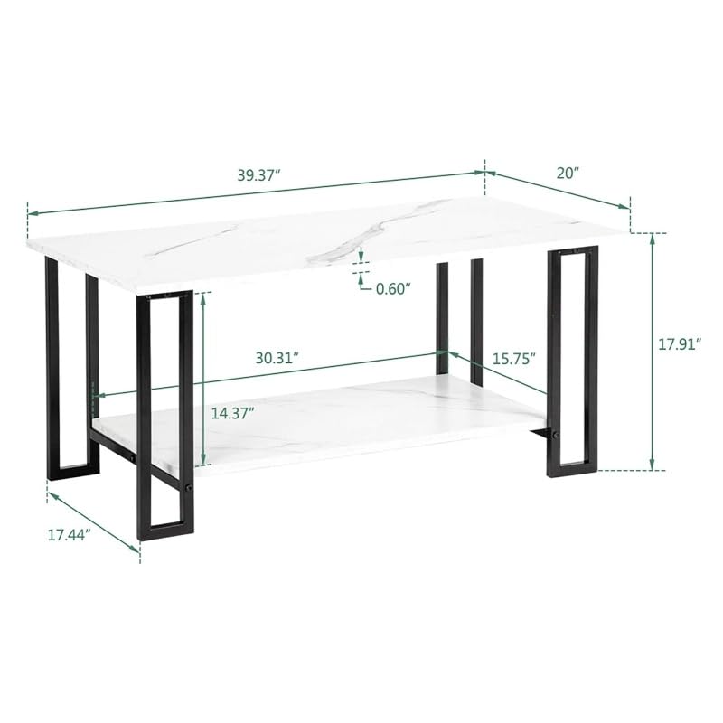 Nicemoods 39.37" Coffee Table, 2 Layers 1.5cm Thick Marble MDF Rectangle Tabletop Iron Coffee Table, Dining Room, Coffee Shop, Restaurant, White Top (White+ Black Leg) Nicemoods