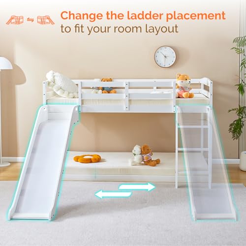 JOYMOR Bunk Bed with Curved Slide, Low Bunk Bed Twin Over Twin, Bunk Bed with Slide and Angled Ladder, Solid Pine Wood Slide Bed,14" Safety Guardrail, Anti-Slip Steps JOYMOR