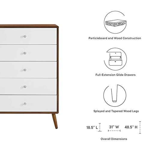 Modway Transmit Mid-Century Modern Wood Walnut White, 5-Drawer Chest Modway