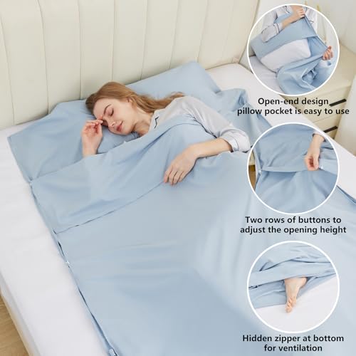 RHINSBENF Sleeping Bag Liner Camping Adult Sleep Sack Lightweight Travel Sheet for Hotel Bed Compact Ultralight Essential Cleaning Supplies Kit Travel Bedding Set for Backpacking (Blue & Single) RHINSBENF