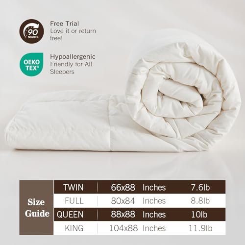 KUSNUG Climaloft Hybrid Wool Comforter Queen Size with 100% Organic Cotton, Hypoallergenic Down Alternative Luxury Duvet Insert with Tabs, Temperature Regulating All-Season Bedding, White KUSNUG