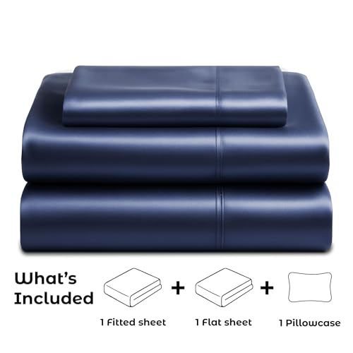 Pure Bedding Satin Sheets Twin Hotel Luxury Silky Bed Sheets - Extra Soft 1800 Microfiber Sheet Set, Wrinkle, Stain Resistant - Deep Pocket Fitted Flat Sheet, Pillow Cases (3-Piece, Midnight Blue) Pure Bedding