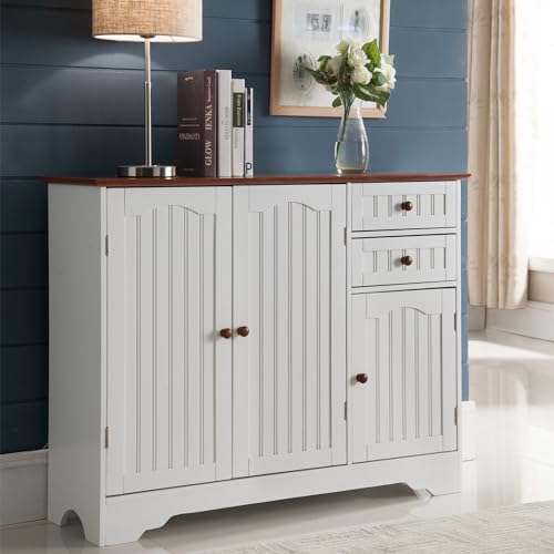 Kings Brand FURNITURE White / Walnut Finish Wood Kitchen Storage Buffet Cabinet Kings Brand Furniture