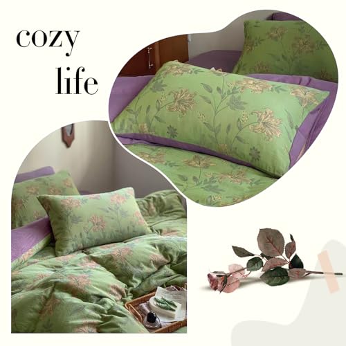VM VOUGEMARKET Linen Cotton Jacquard Duvet Cover Queen,3 Pcs Yarn-Dyed Textured Duvet Cover Set Green Purple Floral Bedding Breathable, Natural Wrinkled Look-No Comforter VM VOUGEMARKET