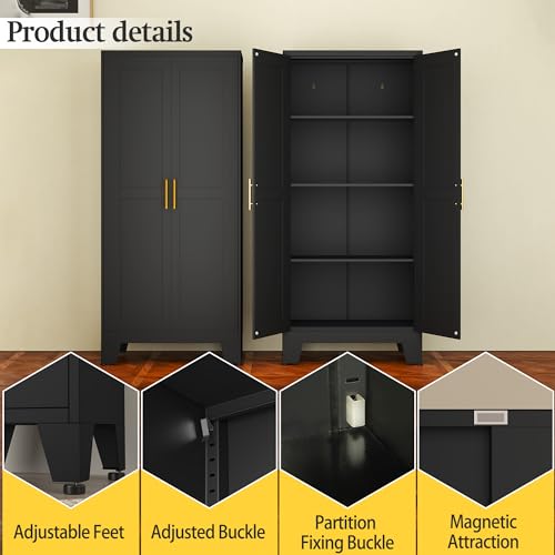 RISTERN Black Metal Storage Cabinet, 61" Steel File Cabinet for Home Office, Kitchen Pantry Storage Cabinet with Doors and 3 Adjustable Shelves, Metal Tool Cabinet, for Office, Home, Garage, School RISTERN