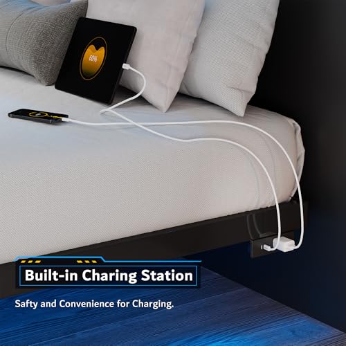 iPormis Full Size Floating Bed Frame with Charging Station and Led Light, Platform Metal Bed Frame with Heavy Duty Steel Slats Support, No Box Spring Needed, Noise-Free, Easy Assembly, Black iPormis