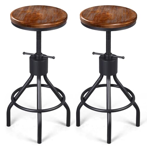 LOKKHAN Set of 2 Industrial Bar Stool-Height Adjustable Swivel Wood and Metal Bar Stool,Farmhouse Stool,Extra Tall Pub Height,23"-29" LOKKHAN
