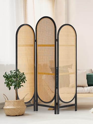 3 Panel Folding Room Divider, Hand-Woven Rattan Room Dividers and Folding Privacy Screens with Bi-Directional Hinge, Pre-Assembled Partition Room Dividers for Home Office Bedroom Restaurant, Black ALeesing