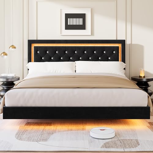 Garvee Floating Bed Frame King Size with Smart Led Lights, Upholstered Platform Bed with Diamond Headboard, Solid Wood Slats Support, No Box Spring Needed, Noise-Free, Easy Assembly, Black Garvee