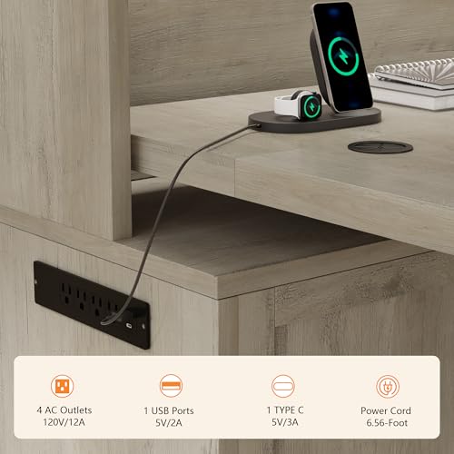 Homiflex 70.86" Farmhouse L Shaped Standing Desk with Hutch Electric Height Adjustable Desk with Storage Corner Computer Desk with File Drawer Power Outlets LED Gaming Desk with Sliding Door, Grey Homiflex