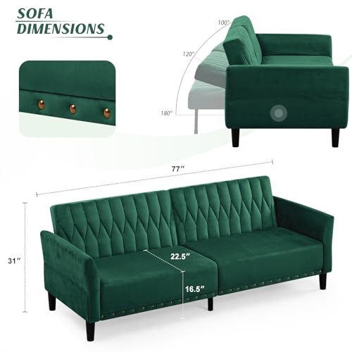 Lesofair 77" Velvet Sleeper Couch with Adjustable Backrests & Armrests, Modern Sofa Bed with Nailhead Trim, Tufted Loveseat Sofa with Deeper Seat for Living Room,Office,Green Lesofair