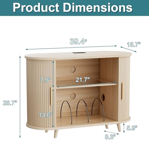 KSOBEBVT Record Player Stand with Vinyl Storage - Turntable Stand with Record Storage, Vinyl Record Stand Table, Media Cabinet w/Charging Station, LED Lights & Sliding Door (Natural, 39") KSOBEBVT