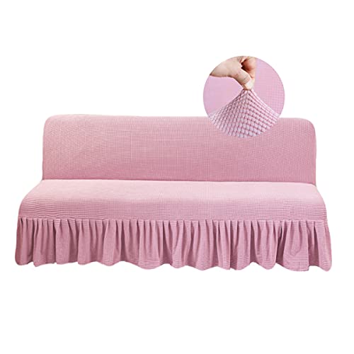 GIANCO FERRO Armless Stretch Futon Covers with Skirt Soft Jacquard Sofa Bed Cover with Elastic Bottom Machine Washable Stain Resistant (Pink, Medium (Length 59"-70.5")) GIANCO FERRO