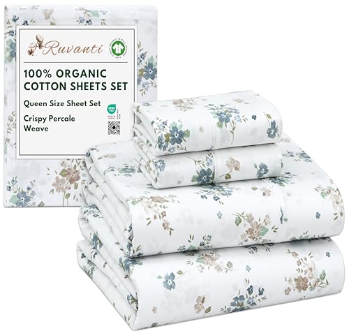 RUVANTI 100% Organic Cotton Sheets Queen Size, Percale Weave, GOTS Certified, 4-Piece Set, Deep Pocket 15", Crisp & Breathable, Soft Durable Bedding, Sábanas Algodón Orgánico – Halcyon RUVANTI