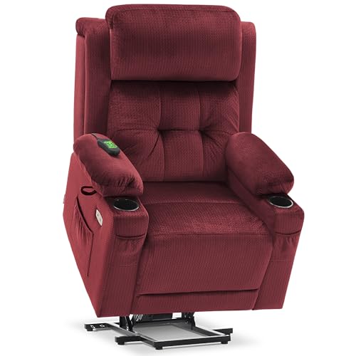 MCombo Triple Motor Power Lift Recliner with Massage and Heat, Electric Recliner Chair for Elderly People, Adjustable Headrest, Infinite Position, Cup Holders, USB Ports, Fabric 7661(Burgundy, Medium)