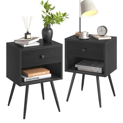 VECELO Nightstands Set of 2, Mid Century Modern End Bedside Table, Night Stand with Storage Drawer and 2 Tiers Open Shelf for Small Place, Bedroom, Living Room, Easy Assembly, Black VECELO