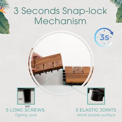 Idzo Interlocking Deck Tiles - 10PCS Waterproof Acacia Wood Patio Tiles, Floor Tiles for Balcony, Backyard, Indoor and Outdoor use - Decking Checker Pattern, 12 x 12 x 0.9 Inches, Golden Teak IDZO