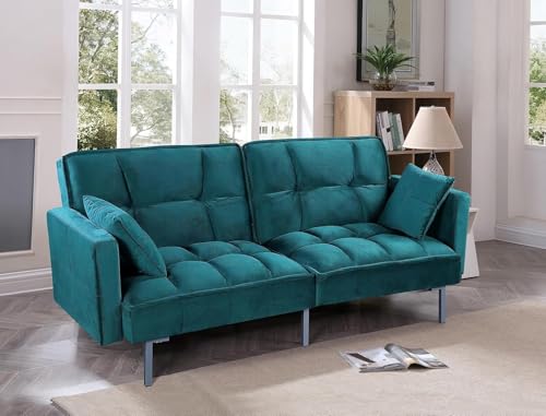 Container Furniture Direct Regal 75.6" Velvet Convertible Sofa Bed - Mid-Century Sleeper Couch w/Tufted Design & Metal Legs - Pull-Out Futon for Guests/Home (75.6" W x 34.6" D x 32" H), Blue Container Furniture Direct