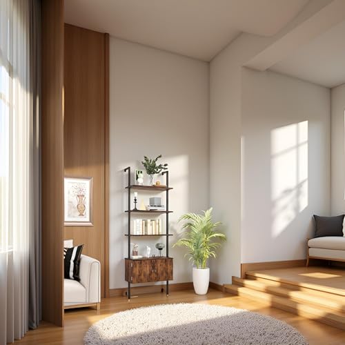 CAMOAT 70" Tall Bookshelf with Cabinet,Wall Mounted Bookcase with Shelves & Storage,Blanket Ladder&Bathroom Wall Shelf,Open Industrial Shelf,4-Tier Display Rack for Living Room,Bedroom,Home Office CAMOAT