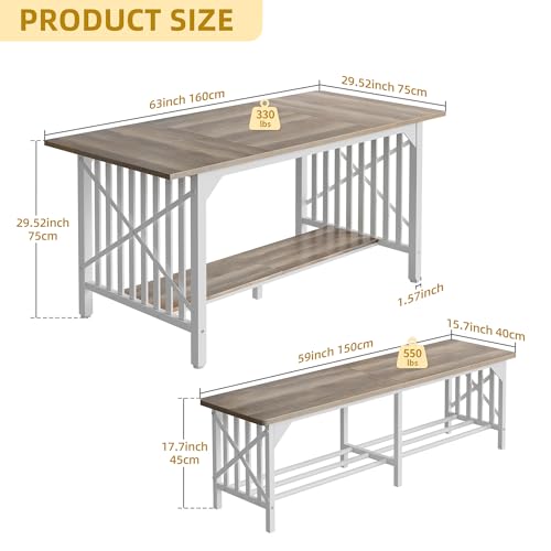 DWVO 3-Piece Dining Table Set for 4-6 People, 63" Dining Room Table with 2 Benches, Industrial Rectangular Dining Room Table Set with Storage for Kitchen, Dining Room, Washed Grey DWVO