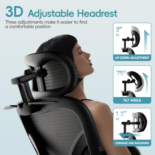Alllion Ergonomic Mesh Office Chair, Home Desk Chair Comfy High Back with Adjustable Lumbar Support, 3D Headrest, Flip-up Arms, Big and Tall Reclining Computer Gaming Chairs for Men Women, Black Alllion