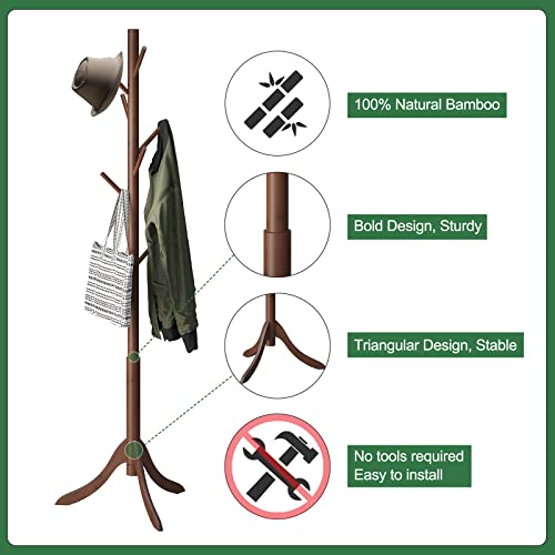 kiplant Bamboo Wood Coat Rack Stand, Freestanding Coat Tree with 8 Hooks, Hallway Entryway Hat Hanger Organizer Standing for Bedroom, Office, Clothes, Jackets, Bags, Umbrallas kiplant