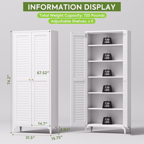 METALYEYE 74" H Kitchen Pantry Storage Cabinet, Metal Storage Cabinets with 5 Adjustable Shelves for Home, Kitchen, Living Room, Required Assembly, White METALYEYE