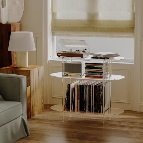 HMYHUM Acrylic Record Player Stand with Vinyl Storage, 35.4" L x 15.7" W x 30.1" H, Large Turntable Stand Table Holds Up to 200 Albums, 3-Tier Clear Vinyl Record Holder for Living Room, Bedroom HMYHUM