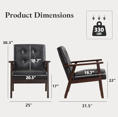 Bonzy Home Mid Century Modern Accent Chairs Set of 2 for Living Room, Upholstered Faux Leather Armchair Comfy Retro Bedroom Side Chair with Solid Wood Frame, Black Bonzy Home