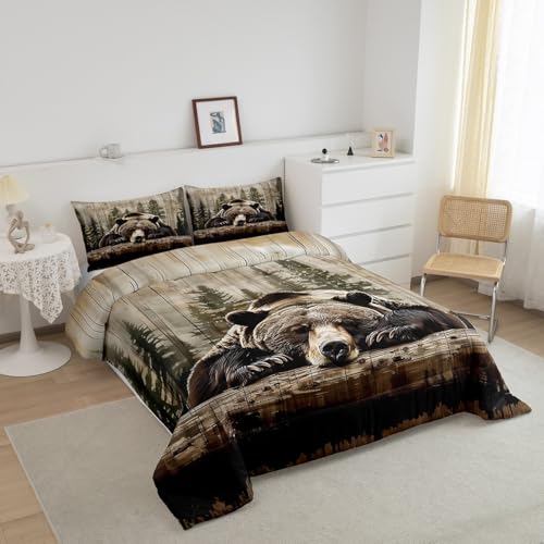 Feelyou Grizzly Bear Comforter Set King Size, Wild Animal Hunting Quilt Set with 2 Pillowcases, Western Cabin Bedding Set 3pcs for Kids Boys Teens Room Decor, Rustic Country Farmhouse Duvet Insert Feelyou
