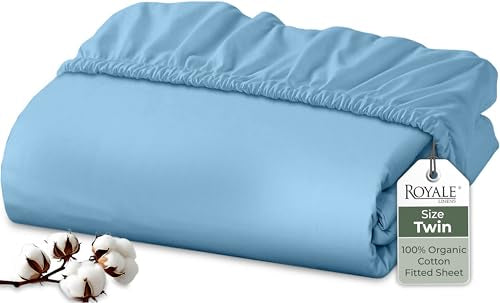 Royale Linens 100% Organic Cotton Fitted Sheet - Percale Weave - Super Soft Deep Pocket Bottom Sheets - Lake Blue Elastic Sheet Twin Size - Twin Fitted Sheets Only - (39"x75"+15", Lake Blue) ROYALE LINENS