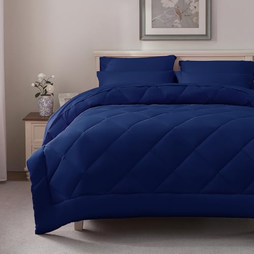 ELNIDO QUEEN® Full Size Comforter Set - 7 Pieces Navy Bed in a Bag Full, Bed Set All Seasons, Soft Bedding Sets with Dark Blue Comforter, Flat Sheet, Fitted Sheet, Pillowcases and Pillow Shams ELNIDO QUEEN