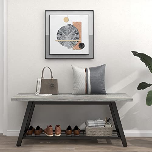 Oastreeful Grey Storage Bench Industrial Rustic Wooden and Metal Entryway Shoe Boots Storage Rack Long Bench Seat for Hallway Bedroom Rustic Farmhouse Style Oastreeful
