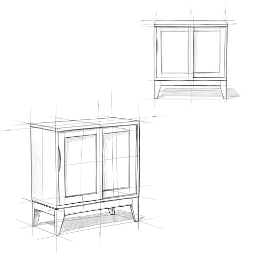 SIMPLIHOME Harper SOLID WOOD 30 inch Wide Mid Century Modern Low Storage Cabinet in Walnut Brown, with Large Space Behind 2 Sliding Notched Handle SIMPLIHOME