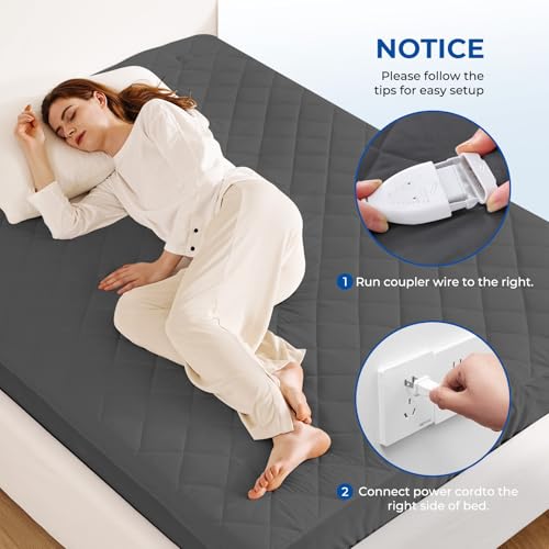 Heated Mattress Pad Twin Size Quilted Heating Electric Bed Warmer Luxury Comfort Heat Mattress Pad Cover Single Controller(10 Heat Setting | 1-12 Hours Auto Shut Off | with 8-21 Inch Deep Pocket)Gray VALUXE