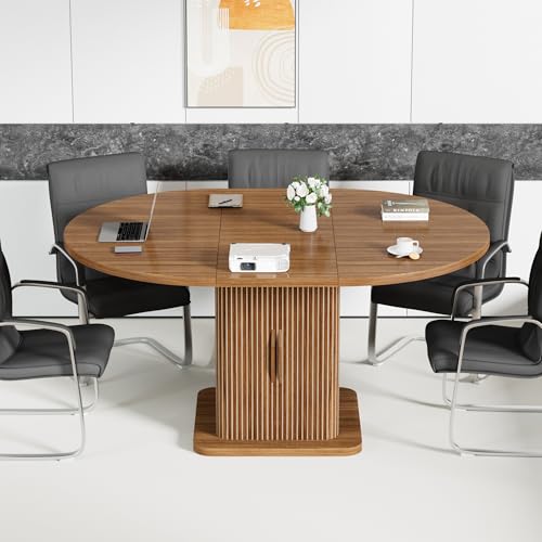 Extendable Round Conference Table for 4-8 People, 43in-59in Modern Oval Meeting Room Table with Storage, Fluted Wood Slide Doors, Small Compact, Office, Training, Conference Room, Walnut Jluomei