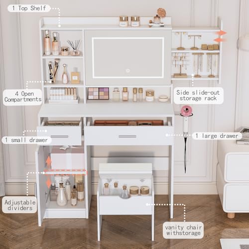 Viaozutis Vanity Desk with Mirror and Lights, with Hidden Shelves,4 Compartments,2 Drawers,Cabinet & Stool,Dimmable LED Lights,Power Outlets, Ideal for Bedroom Vanity Organization(White) Viaozutis