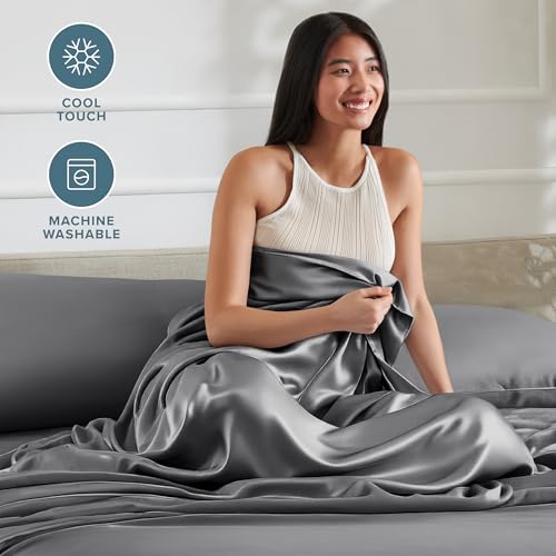 Bare Home Poly Satin Sheet Set - Full Extra Long - Luxury Soft and Smooth Satin - for Hair and Skin - Breathable - Similar to Silk - Deep Pocket up to 15” - Bedding Sheet Set (Full XL, Grey) Bare Home