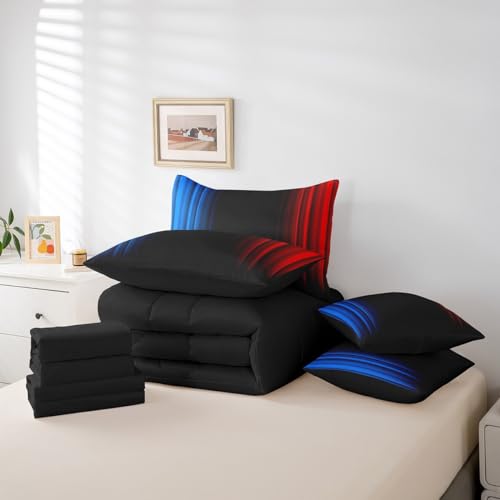 Feelyou Geometric Ombre Teens Comforter Set with Sheets Full Size Kids Boys Women Blue Red and Black 7 Piece Bedding Set Decor Modern Stripes Bed Set Feelyou