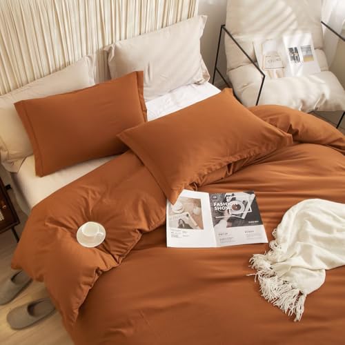 AZMTOP Washed Duvet Cover 3 Pcs(1 Duvet Cover with 2 Pillowcases) Full Size,All Season Use Soft Breathable Comforter Covers Simple Solid Style,Kid Adult Bedding Set Terrocotta 80"X90" AMZTOP