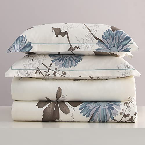 SLEEPBELLA Comforter King Size, 600 Thread Count Cotton Brown Branches and Blue Flowers Off-White Comforter Sets, Down Alternative Bedding Set 3Pcs(King, Off-White Botanical) SLEEPBELLA