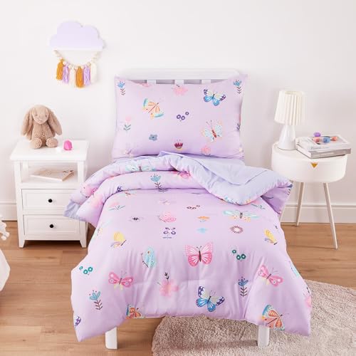 Wake In Cloud - Butterfly Toddler Bedding Set for Girls, Cute Colorful Butterfly with Floral Flowers, 4 Pieces Soft Crib Bed Set Including Comforter, Sheets and Pillowcase, Purple Wake In Cloud