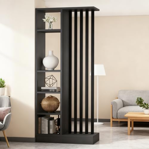 Wall Room Divider - Freestanding Wood Room Divider with Shelves, Wall Divider with Storage Cabinet, Easy Assembly Freestanding Decor for Bedroom, Office (Grey+Black, 31.5IN) Horseo